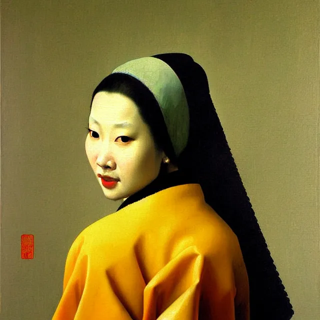 Image similar to a beautiful painting asian woman, by jan vermeer realistic oil painting