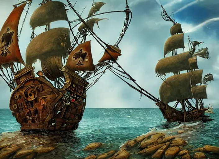 Prompt: pirate ship, amazing background, 3 - d, highly details, lowbrow, in the style of alexander jansson,