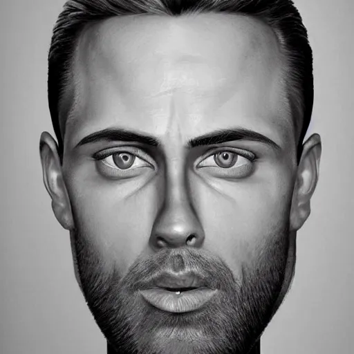 Image similar to Caricature portraits done of Gigachad, realistic, hyperrealistic, very realistic, highly detailed, very detailed, extremely detailed, detailed, oil painting, digital art, trending on artstation