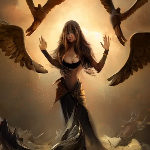 Image similar to young woman with black wings surrounded by religious followers, featured on artstation, 4k, splash art