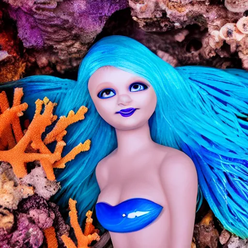 Image similar to photo of a blue skinned humanoid mermaid next to a coral reef