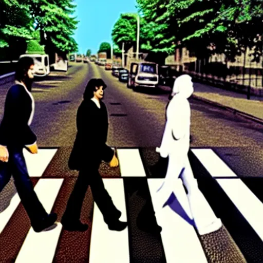 Image similar to 4 men walking on crosswalk on abbey road, city, digital art, 8 k.