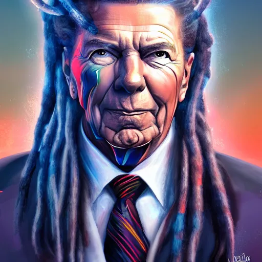 Prompt: portrait of ronald reagan with dreadlocks, cyberpunk setting, futuristic, highly detailed, intricate lighting, digital painting, sharp focus, illustration, trending on artstation, art by magali villenueve.