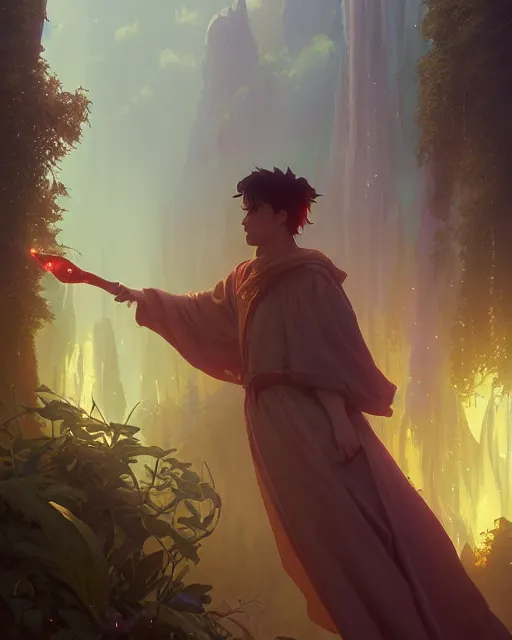 Image similar to highly detailed vfx portrait a mage casting a water spell, stephen bliss, unreal engine, greg rutkowski, loish, rhads, beeple, makoto shinkai and lois van baarle, ilya kuvshinov, rossdraws, tom bagshaw, alphonse mucha, global illumination, detailed and intricate environment