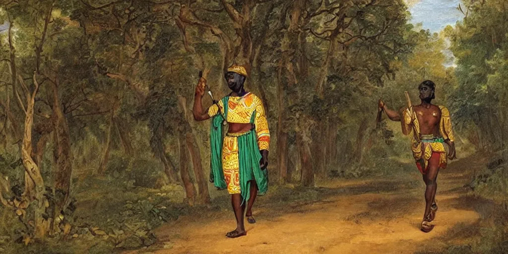 Prompt: ashanti soldier wearing a toga with african print. he is walking through the forest. romanticist painting