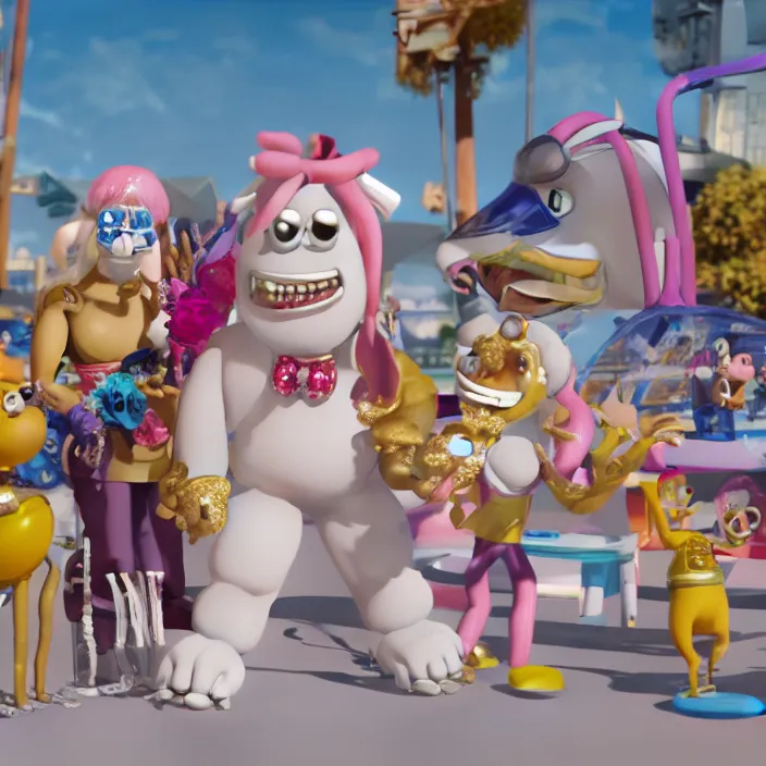 Prompt: jeff koons hip hop bauhaus style street sharks sailor moon wearing diamond grillz and a ton of bussdown iced gold bling in wallace & gromit strata - cut claymation, ultra realistic, concept art, intricate details, serious, highly detailed, photorealistic, octane render, 8 k, unreal engine