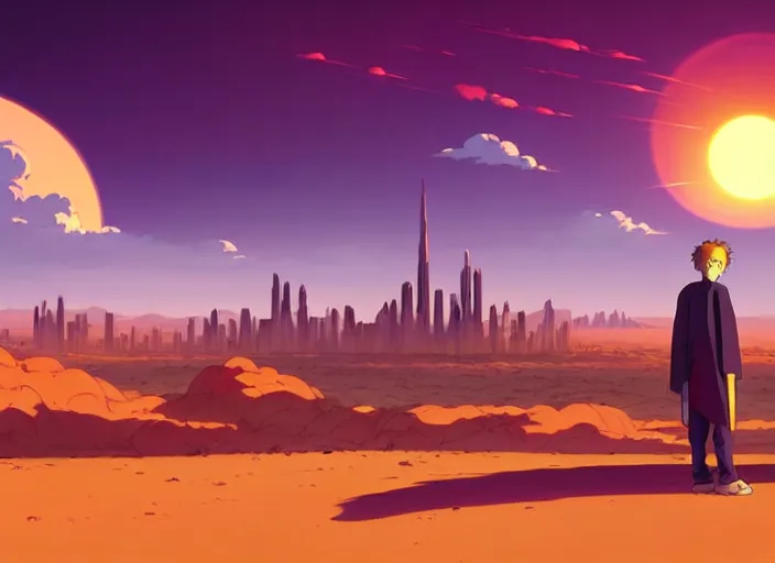 Image similar to cel shading background, science fiction pc game point - and - click adventure, studio ghibli, desert with city in the skyline, two suns, purple orange colors, sharp focus, illustration, highly detailed, digital painting, concept art, matte, art by wlop and artgerm and greg rutkowski, masterpiece