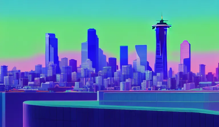 Image similar to a beautiful, sharp focus, and immaculate overcast futuristic isometric seattle cityscape. vaporwave ombre rendering. outrun style. trending on artstation. recommended for you behance. by chris moore. by edward hopper. beeple colors. ambient occlusion. digital matte painting. metropolis filmic. gotham city.