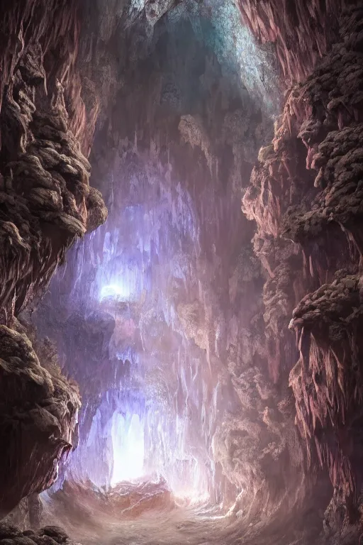 Prompt: beautiful crystal geode in a cavern, landscape, alex ross, eddie mendoza, raphael lacoste, sebastian ludke, concept art, matte painting, highly detailed, rule of thirds, dynamic lighting, cinematic, realism, realistic, photo real, detailed, magnificiant landscape, denoised, centerd
