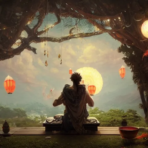 Prompt: painting of a god of wind enjoying his heavenly palace, decorated with windchimes and paper lanterns, stunning nature in background, art by greg rutkowski, cinematic