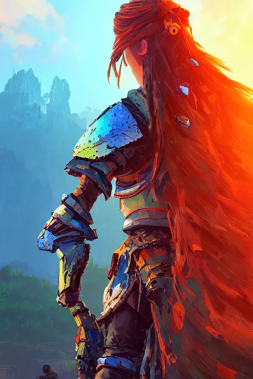 Image similar to combination suit armor aloy horizon forbidden west horizon zero dawn radiating a glowing aura global illumination ray tracing hdr fanart arstation by ian pesty and alena aenami artworks in 4 k tribal robot ninja mask helmet backpack