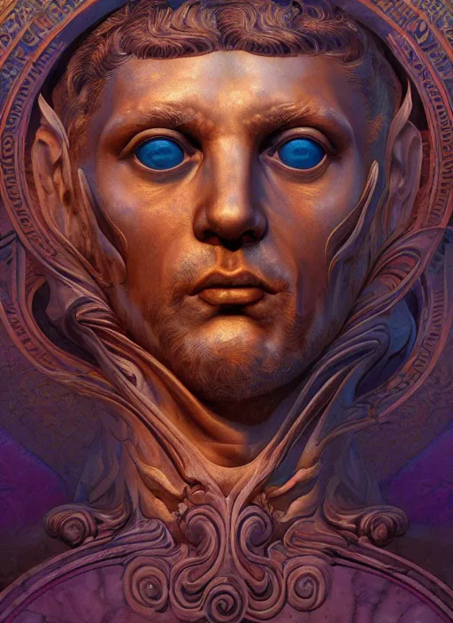 Image similar to roman emperor, wooden art nouveau swirls, subsurface scattering, in the style of james jean and tomasz alen kopera and alex konstad, mystical colors, rim light, beautiful lighting, 8 k, stunning scene, raytracing, octane render, trending on artstation