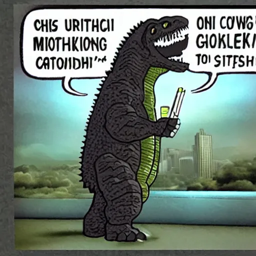 Image similar to anthropomorphic godzilla smoking cigarette