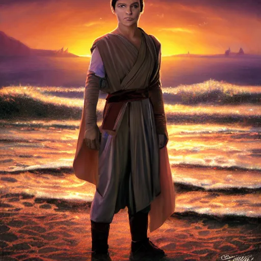 Image similar to a young male jedi with short dark blonde hair standing still looking at the sunset concept art by Doug Chiang cinematic, realistic painting, high definition, concept art, portait image, path tracing, serene landscape, high quality, highly detailed, 8K, soft colors, warm colors, turbulent sea, high coherence, anatomically correct, hyperrealistic, concept art, defined face, five fingers, symmetrical