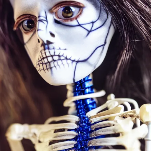 Prompt: lovely realistic ball jointed high end lapis lazuli skeleton doll with fashion and cute accessories, inside gothic doll manor bedroom, god rays, dust particles, photorealistic, aesthetic shot, worms eye view, macro camera lens, high definition, thematic, cinematic, lens flare