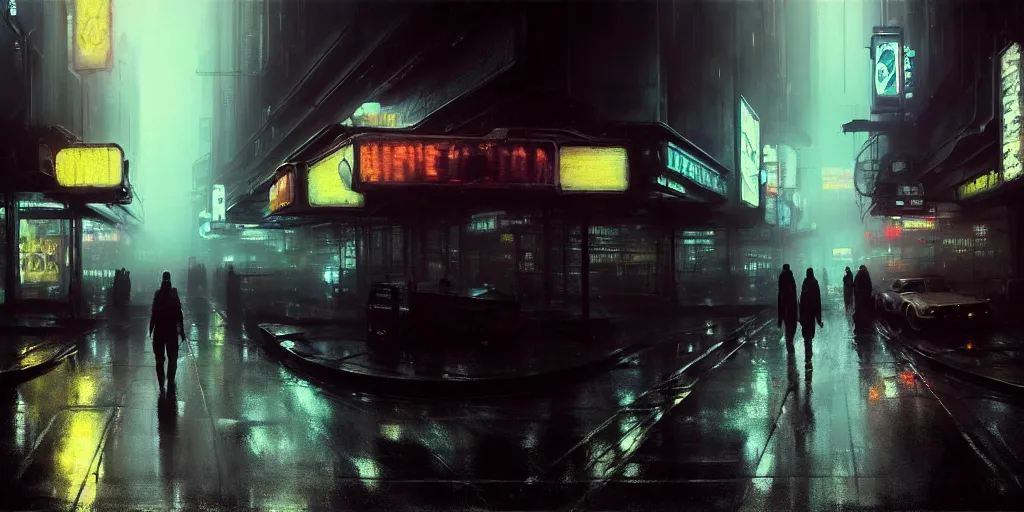 Image similar to beautiful painting by jeremy mann, cyberpunk street, neon signs, still from blade runner movie, desaturated, oil painting, perfect composition, detailed octane render trending on artstation, misty, ominous, unsettling, 8 k artistic photography, volumetric cinematic perfect light, wlop, artgerm, greg rutkowski