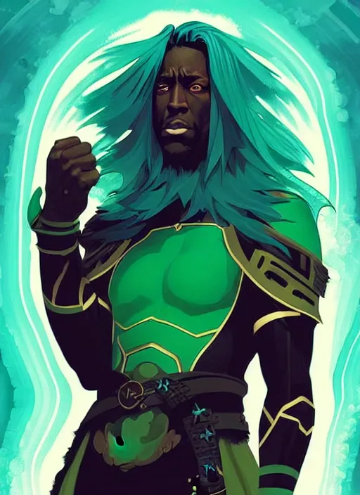 Image similar to style artgerm, joshua middleton, illustration, wesley snipes as a warrior monk wearing green pelt light armor, blue hair, swirling water cosmos, fantasy, dnd, cinematic lighting