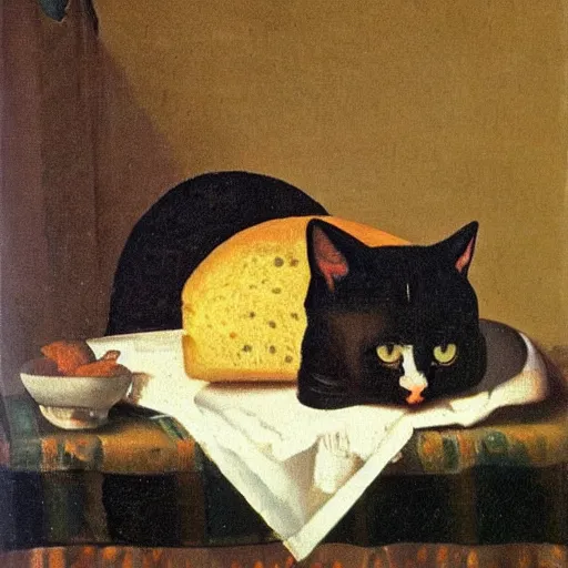 Image similar to A portrait of a cat eating a single sandwich oil painting by Johannes Vermeer