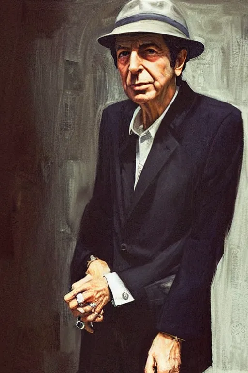 Image similar to “portrait of Leonard Cohen, impeccably dressed, wearing trilby hat, by Robert McGinnis”