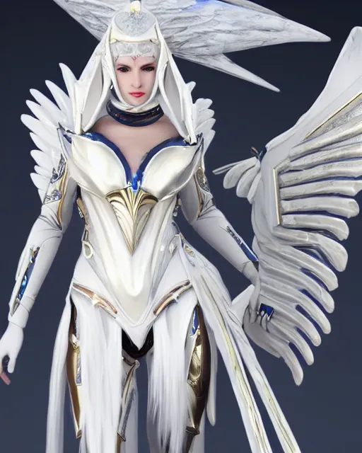 Image similar to perfect white haired egyptian goddess wearing white dove wings, warframe armor, regal, attractive, ornate, sultry, beautiful, ice queen, half asian, pretty face, blue eyes, detailed, scifi platform, 4 k, ultra realistic, epic lighting, illuminated, cinematic, masterpiece, art by akihito tsukushi, voidstar