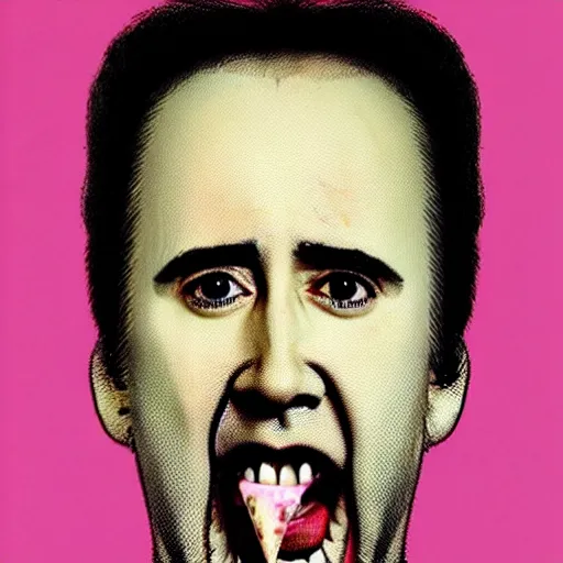 Image similar to nicolas cage with a wicker basket over head screaming with a mouth full of peas