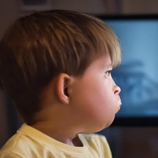 Prompt: angry child looking at monitor photo dramatic lighting from behind