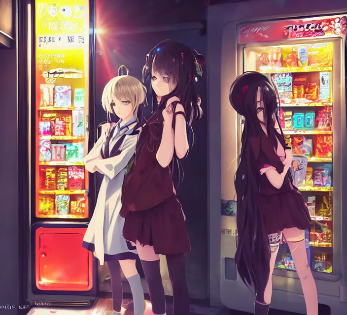 Prompt: Two beautiful anime girls, standing in front of a vending machine outside of a Japanese convenience store, in narrow Tokyo alleyway, gorgeous sunlight and shadows, D&D, fantasy, highly detailed, digital painting, artstation, concept art, sharp focus, illustration, in style of GUWEIZ and WLOP and NIXEU and Craig Mullins, Production I.G.