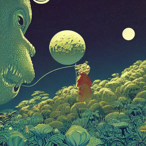 Image similar to Beautiful ultradetailed and ultrasharp painting of an alien planet with lush vegetation, at night with a giant dragon flying in the air by victo ngai