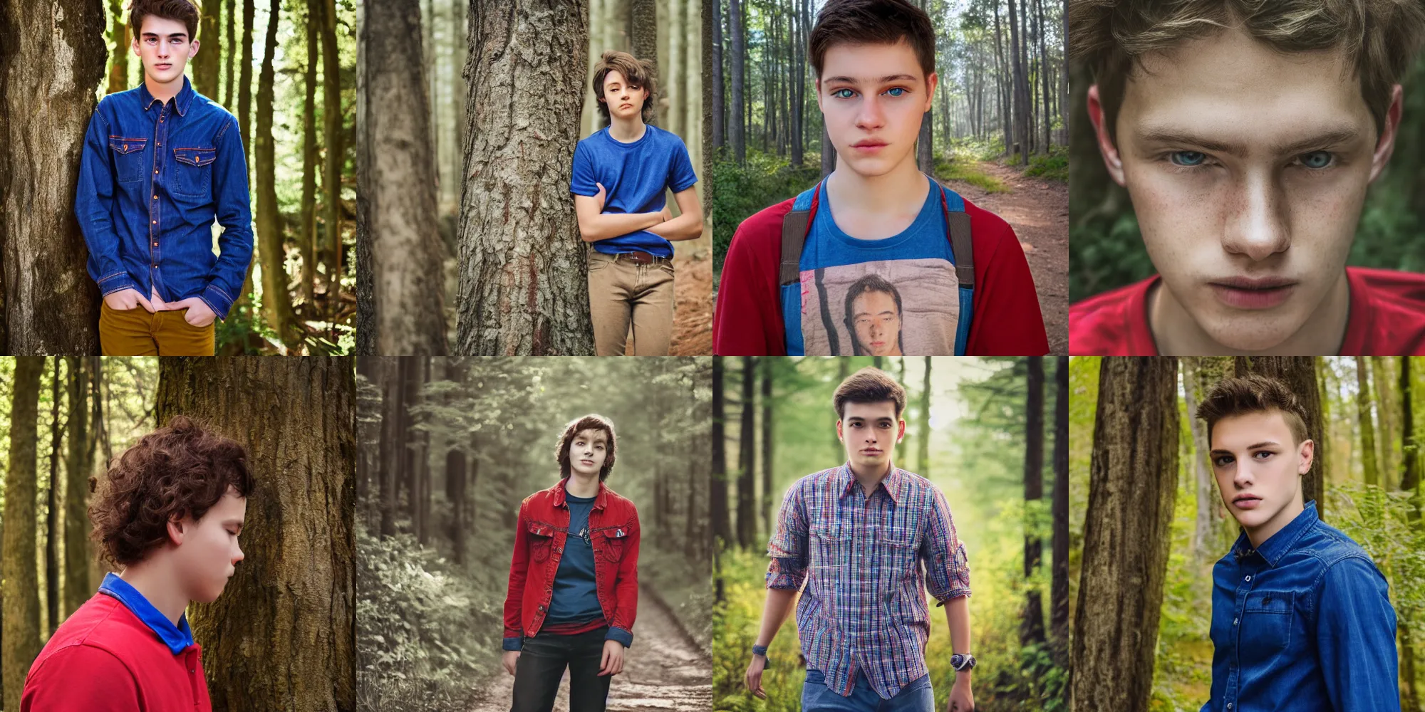 Image similar to portrait, teenager, red shirt, blue jeans, walking in forest, detailed face, realistic photo.