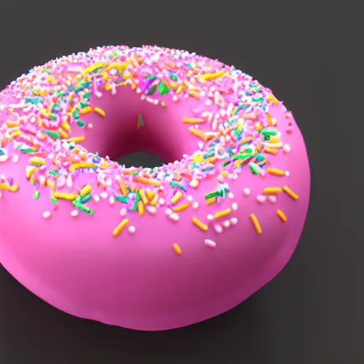 Prompt: 3 d render of realistic pink frosted donut with sprinkles, the donut has a bite taken out of it