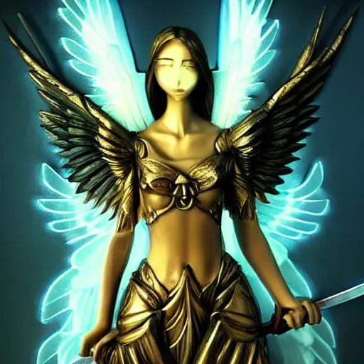 Image similar to « beautiful, divin archangel, with a sword, beautiful wings, glowing lights, detailed »