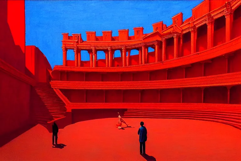 Image similar to only with red, a red great emperor, taormina amphitheatre, crowd with big smile, in the style of beksinski, parts by edward hopper, parts by rodcenko, parts by yue minjun, intricate and epic composition, red by caravaggio, insanely quality, highly detailed, masterpiece, red light, artstation, 4 k