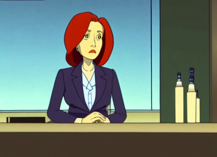 Image similar to an animation still of dana scully, in the style of studio ghibli, netflix animation, toei animation, filmation animation, traditional animation, sharp detail, animation cel, 2 - level shading