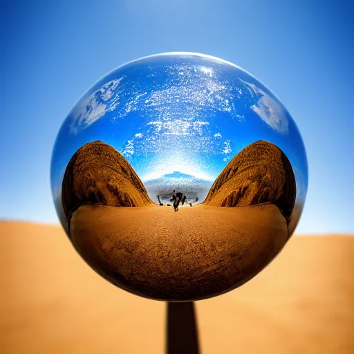 Prompt: macro photo bright day of a tiny sphere with a mirrored surface on the ground in the gobi desert