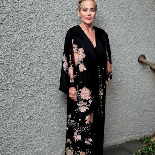 Image similar to Sharon Stone wearing a black Kimono with an intricate flower pattern, XF IQ4, f/1.4, ISO 200, 1/160s, 8K, RAW, unedited, symmetrical balance, in-frame