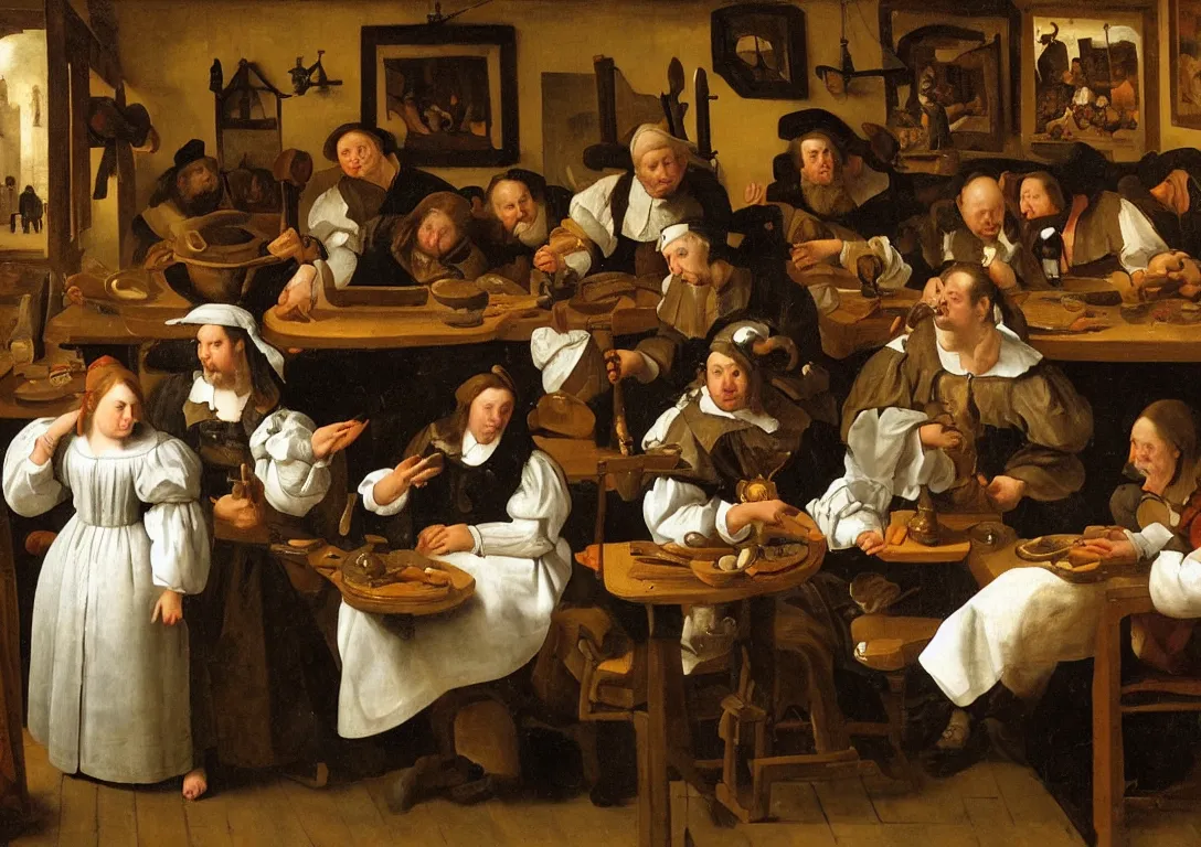 Image similar to Jan Steen. One Beautiful woman big in the center looking at us. Pig, dog, duck, window. Netherlands tavern, low ceiling, small chamber. Hyperrealistic, ultra detailed, 80mm, museum, artwork. Empty. Daylight.