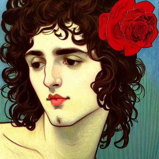 Prompt: painting of young cute handsome beautiful dark medium wavy hair man in his 2 0 s named shadow taehyung wearing a red rose hair crown at the cucumber soup party, somber, depressed, melancholy, elegant, clear, painting, stylized, delicate, soft facial features, delicate facial features, soft art, art by alphonse mucha, vincent van gogh, egon schiele