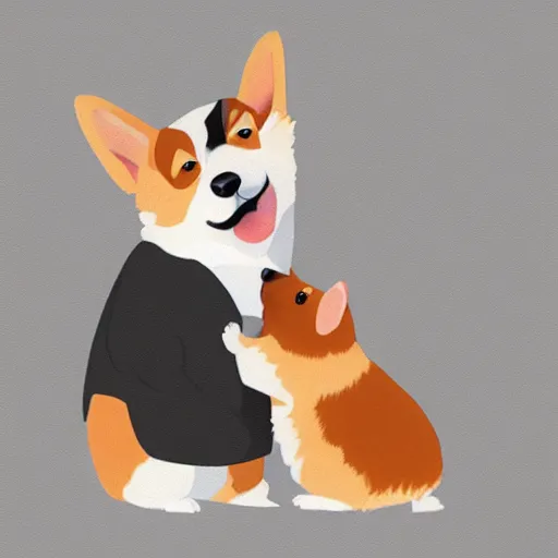 Image similar to a corgi comforting another sad corgi, digital art, artstation