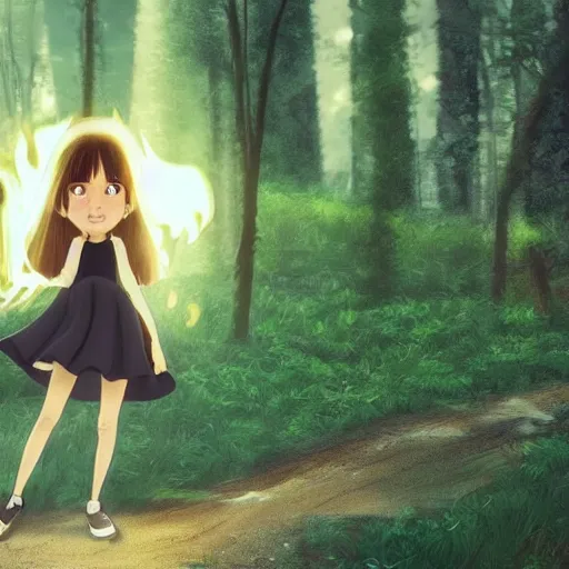 Image similar to 8k render, cinematic, semi-realistic, Instagram art, Pixar style Latina anime girl 3d, cute face black hair, curtain bangs, Latina, brunette, white t-shirt with red sleeves, wearing jeans, has fire powers, her hair is on fire, her hands are on fire powerful, she is in a forest, tropical forest, lots of foliage, character, trending on Deviantart