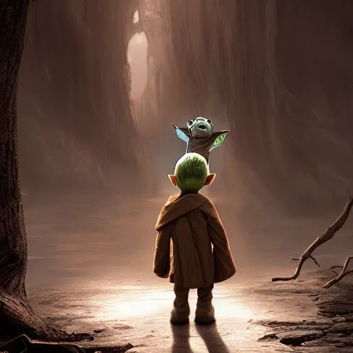 Image similar to babyyoda ( 2 0 2 1 ) walking next to groot ( 2 0 1 7 ). they are friends. photorealistic, digital art, epic fantasy, dramatic lighting, cinematic, extremely high detail, cinematic lighting, trending, artstation, cgsociety, 3 d ue 5, 4 k, hq