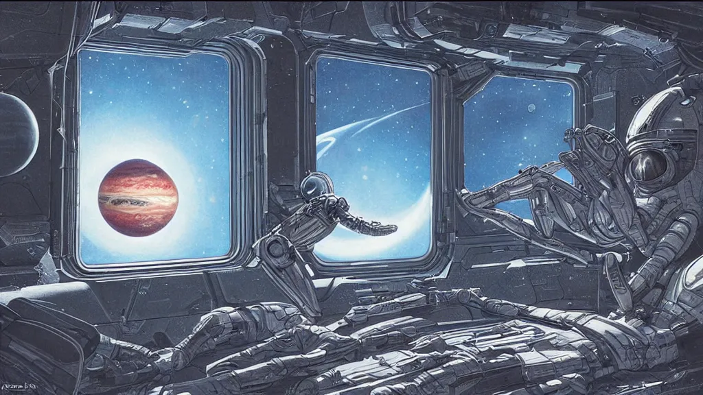 Prompt: movie concept art of a stunning view of jupiter outside the spaceship window, a woman astronaut in a hyper sleep chamber, highly detailed, artistic composition, sharp focus, intricate concept art by moebius and hr giger, digital painting, dramatic lighting