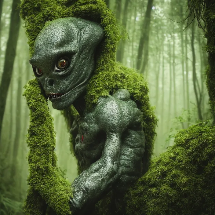 Image similar to a closeup of an alien, in a foggy mossy forest, by Omar Z. Robles, CANON Eos C300, ƒ1.8, 35mm, 8K, medium-format print