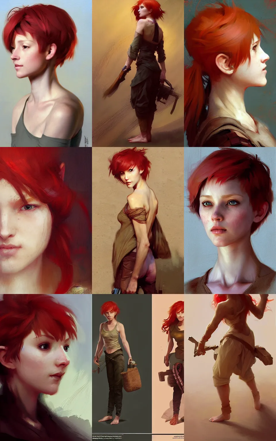 Prompt: character concept portrait, red-haired pixie barefoot, burlap clothes, style digital painting, concept art, smooth, sharp focus, illustration, from Metal Gear, by Ruan Jia and Mandy Jurgens and William-Adolphe Bouguereau, Artgerm