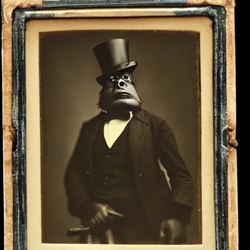 Image similar to a vintage wet plate portrait of a dignified bigfoot with a top hat and cane, extremely detailed, by edward s. curtis!!!!!!!!!!!!!!!!!!