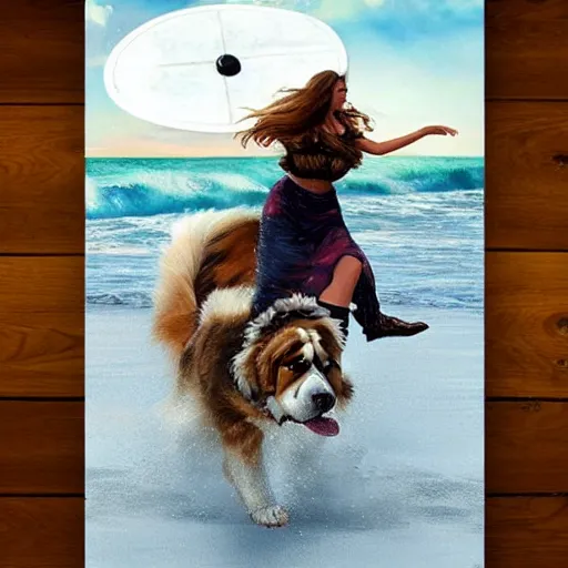 Image similar to girl riding a giant saint Bernard at the beach catching a frisbee, trending on artstation