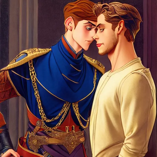 Image similar to attractive fully clothed king confesses his love for his attractive fully clothed male prince. highly detailed painting by glen keane and j. c. leyendecker 8 k