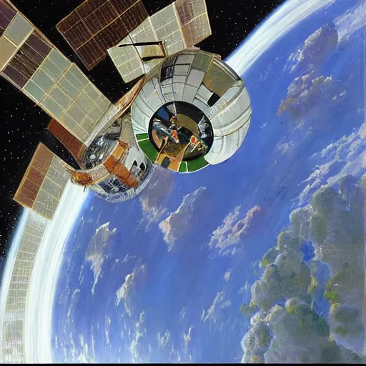 Image similar to a highly detailed beautiful portrait of circular space station with elevator connected to earth, by gregory manchess, james gurney, james jean