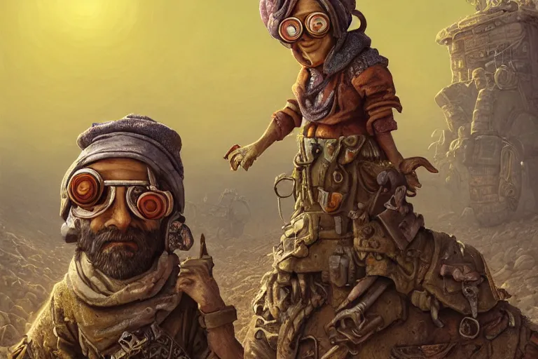 Image similar to a highly detailed forgotten garden gnome wearing goggles and head scarf surviving in a vast barren desert, hopeless wasteland background with a relentless raging sun overhead, post - apocalyptic road warrior vibe, dynamic pose, an ultrafine detailed painting by joe fenton, trending on deviantart, pop surrealism, whimsical, lowbrow, perfect symmetrical face, sharp focus, octane, masterpiece