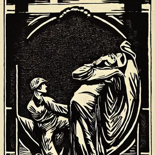 Prompt: Woodcut cover for “Gods' Man,” a 1929 black-and-white wordless novel that tells a Faustian tale of ambition, love, greed and death. It's by the illustrator and woodcut artist Lynd Ward