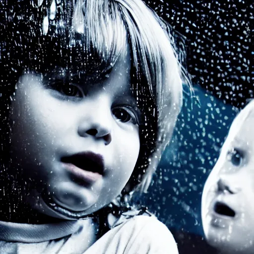 Prompt: cinestill 5 0 d candid photographic portrait by christopher nolan of two young blond children with a retro - futurist computer, closeup, modern cyberpunk moody emotional cinematic, pouring rain menacing lights shadows, 8 k, hd, high resolution, 3 5 mm, f / 3 2, ultra realistic faces, ex machina